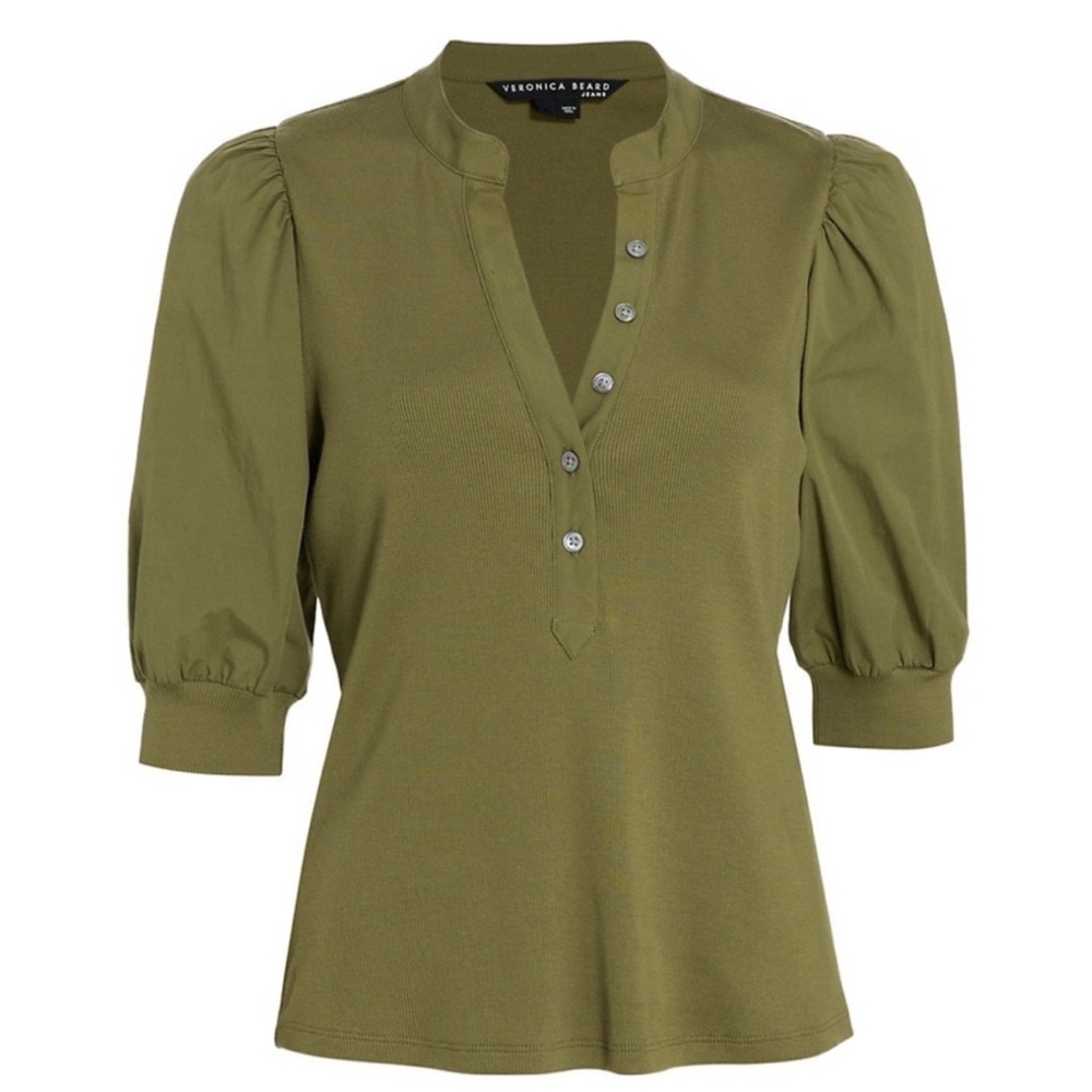 VERONICA BEARD Coralee green Puff-Sleeve Rib-Knit Top XS - Picture 3 of 9